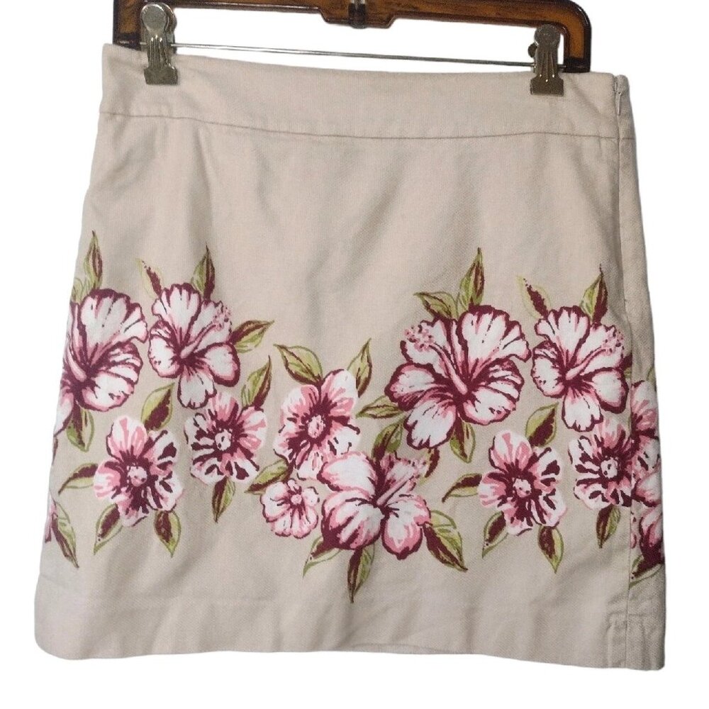 Loft Hibiscus Flower Mini Skirt 4 Tropical Office Stretch Lined Beige Pink Beach